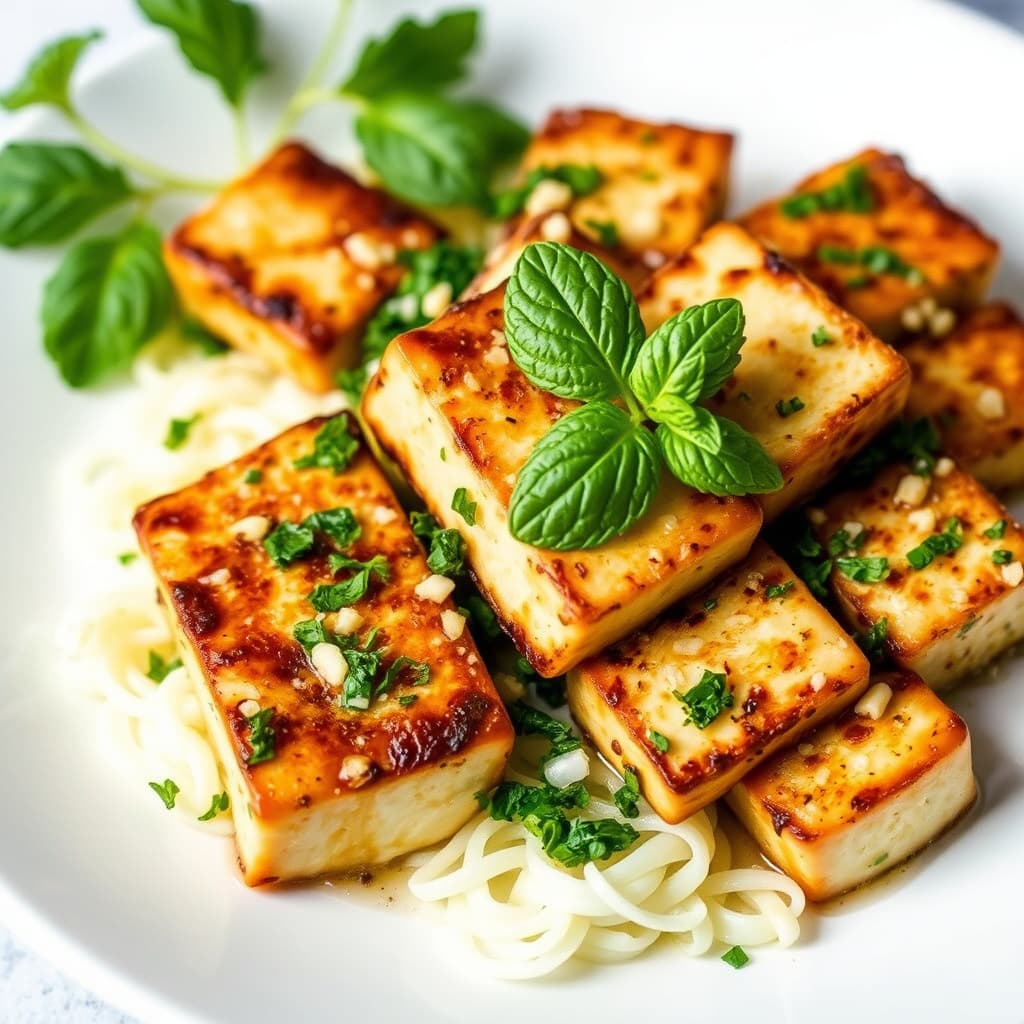 Sprøtt presset tofu med hvitløk og mynte