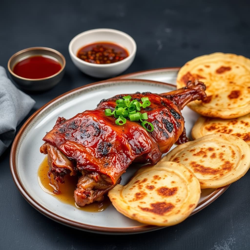 Sprøtt skinn av and med falske mandarinpannekaker