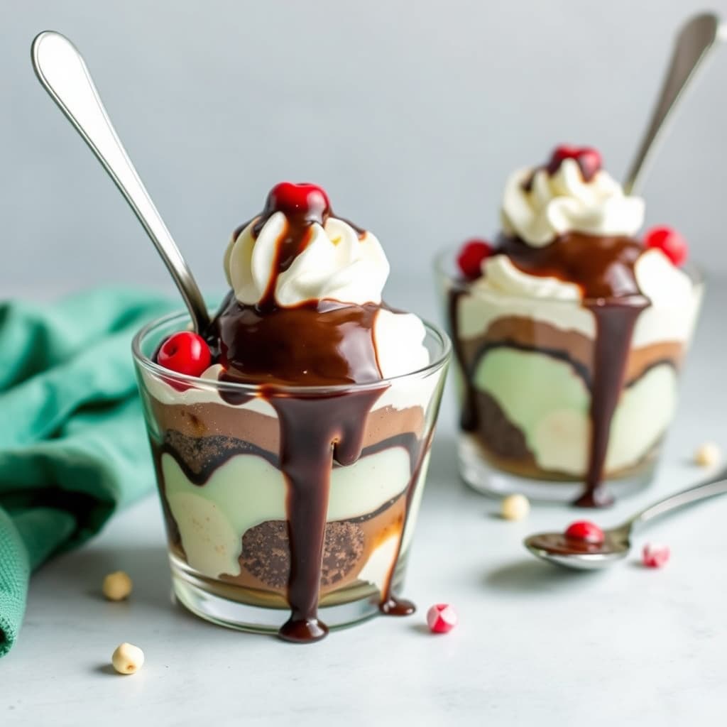 Spumoni-sundae med espresso varm sjokoladesaus