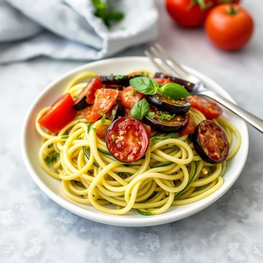 Squashnudler med aubergine og tomater