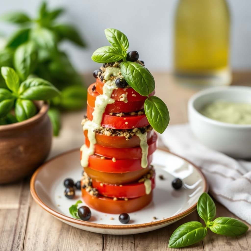 Stablet tomatsalat med svart oliventapenade og søt basilikumdressing