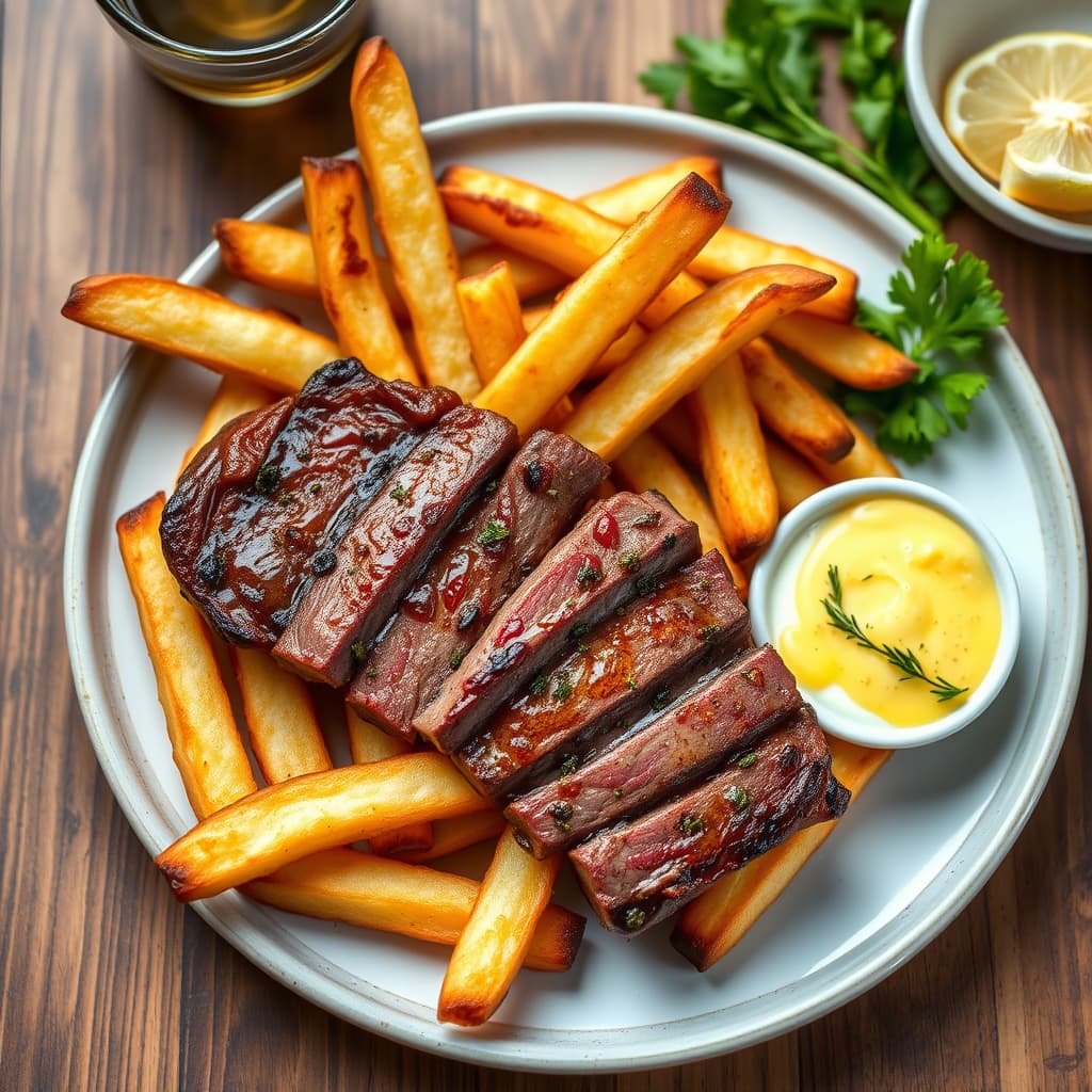 Steak Frite med skinnpomfritt og ovnsbakt hvitløkssmør