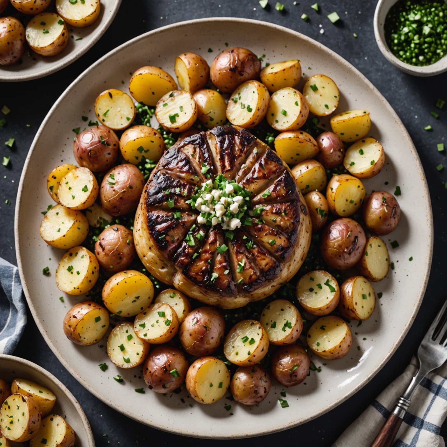 Steakhouse med hvitløkssmørpoteter, panestekt