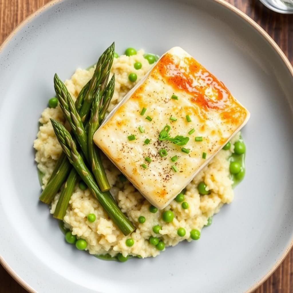 Steinbakt kveite med hvit aspargesrisotto og ertepure