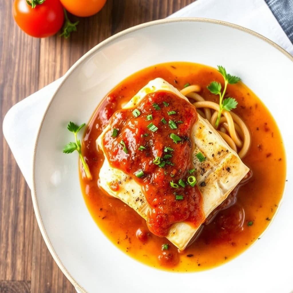 Steinbakt sjøabbor med spansk saus