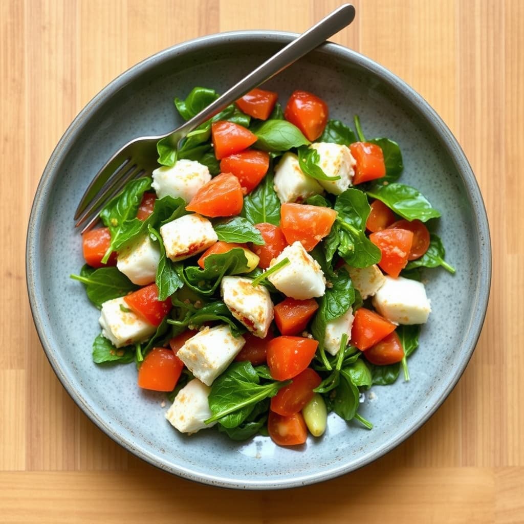 Steinbittsalat med krydrede grønne blader og tomatgelee