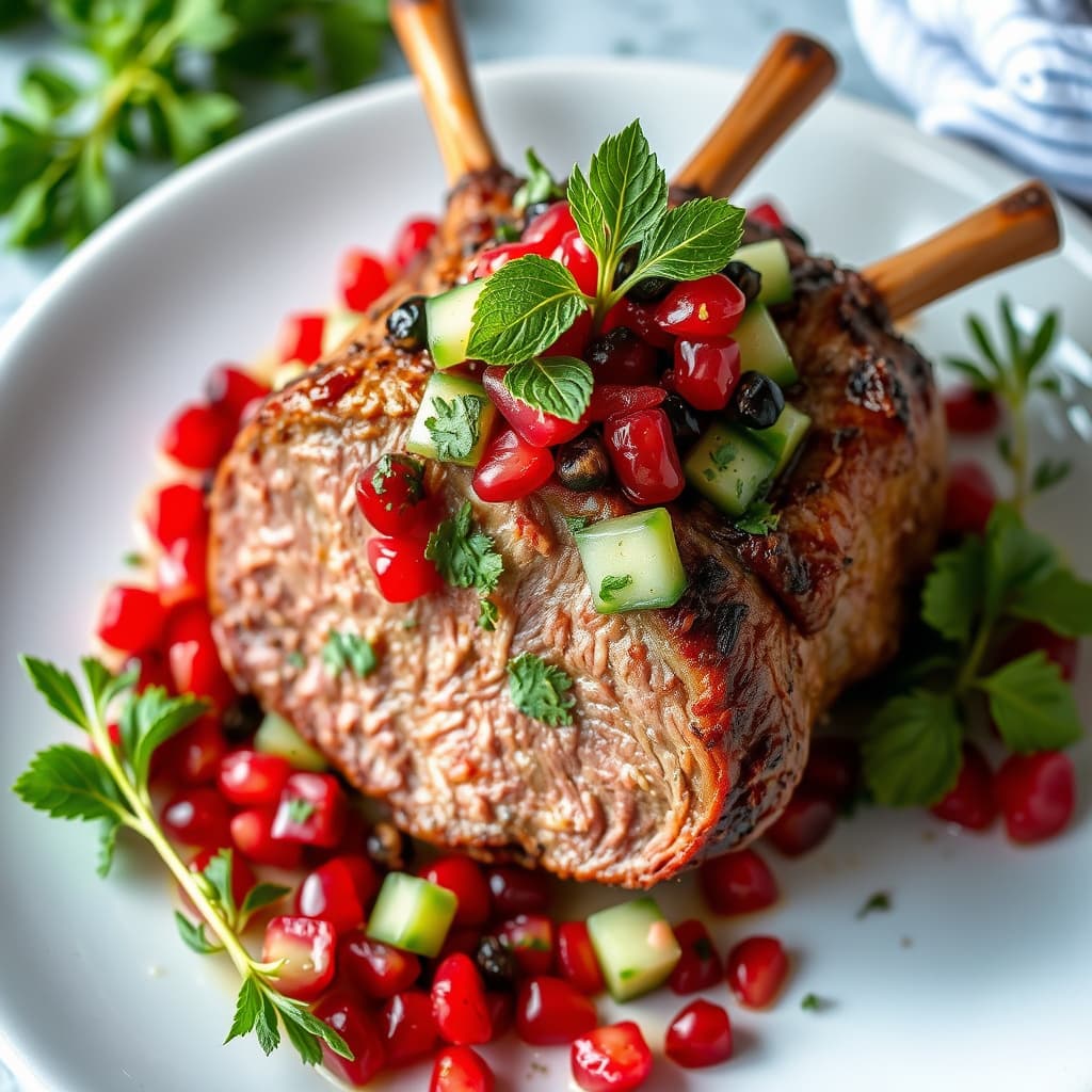 Stek av lammelår med granateple, agurk og myntesalsa