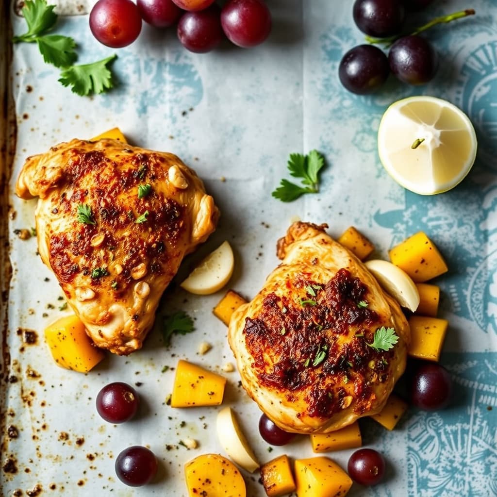 Stekepannekyllinglår med spisskål, fennikel og druer