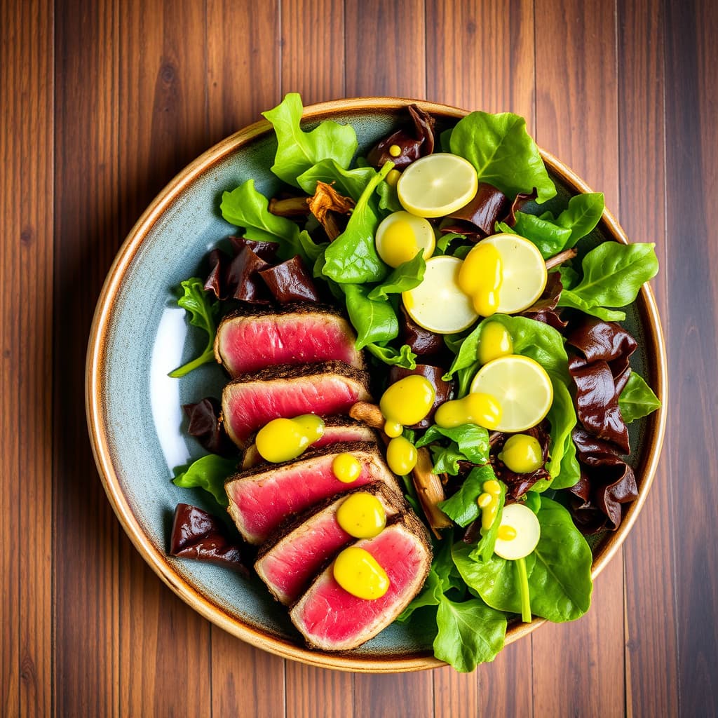 Stekt Ahi- tunfisk og salat av blandede grønnsaker med wasabivinaigrette