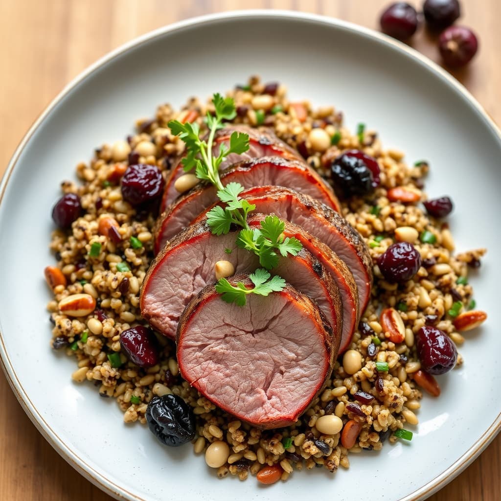 Stekt andebryst med skitten quinoa, pinjekjerner og tørkede kirsebær