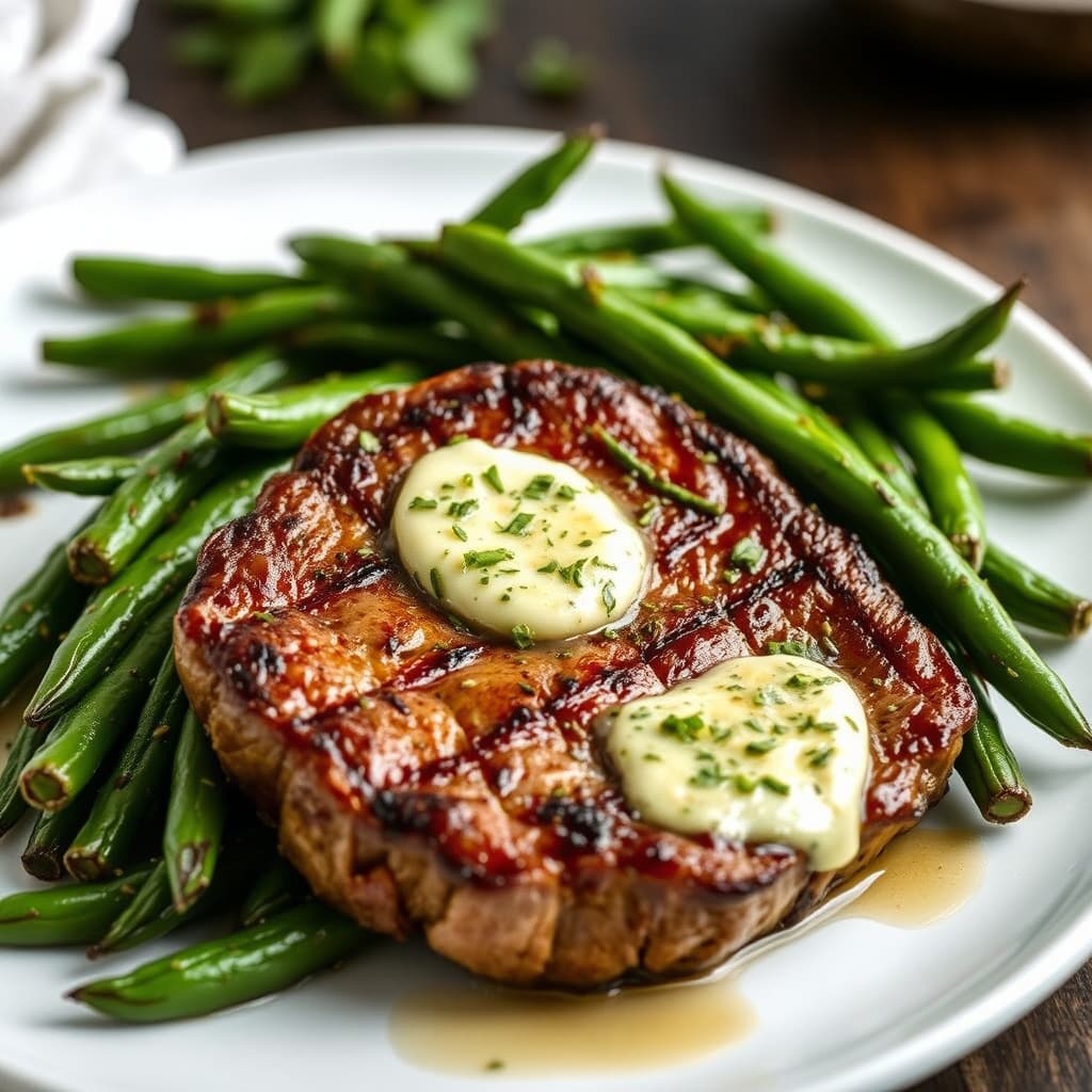 Stekt biff og grønne bønner med urtesmør