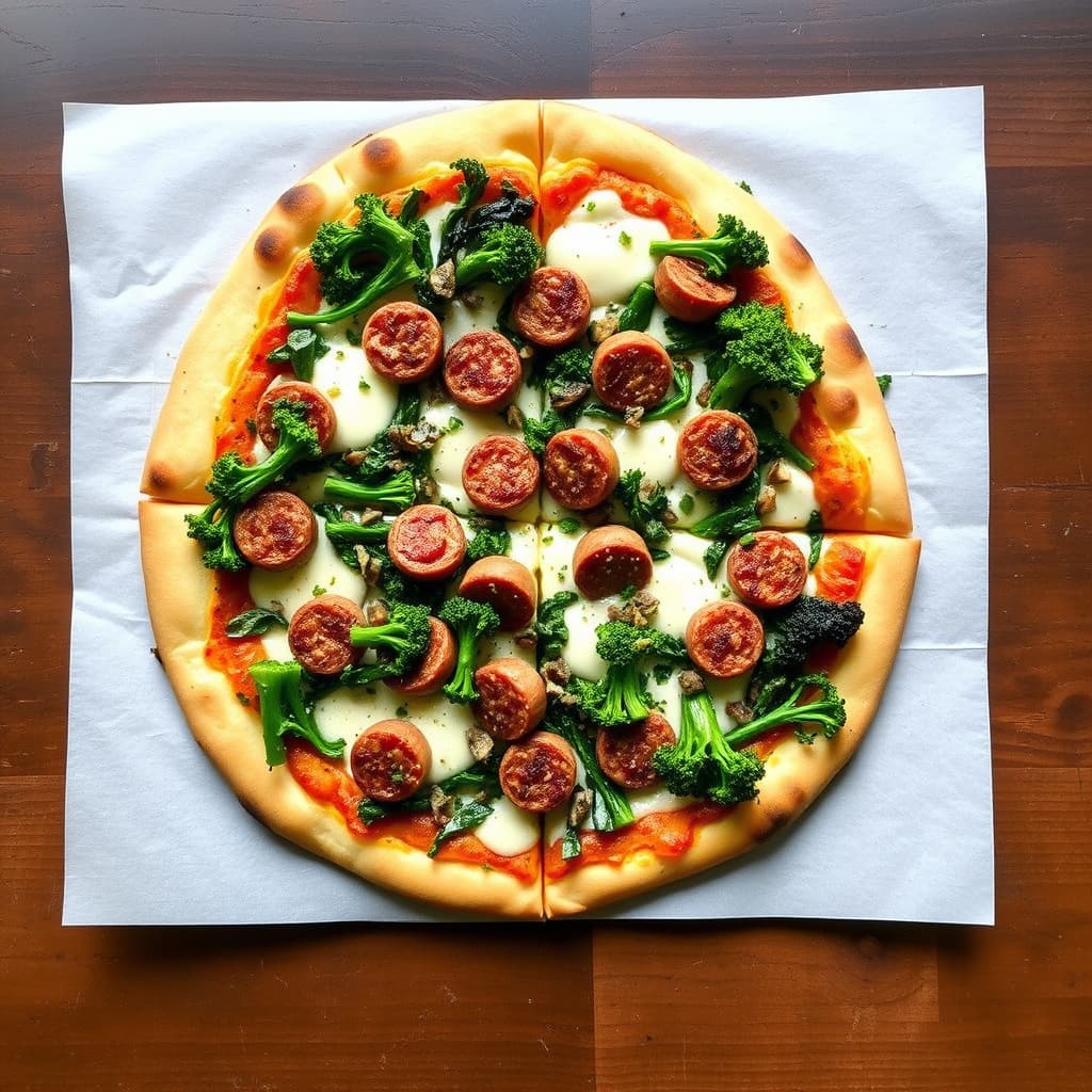 Stekt brokkoli rabe og pølsepizza