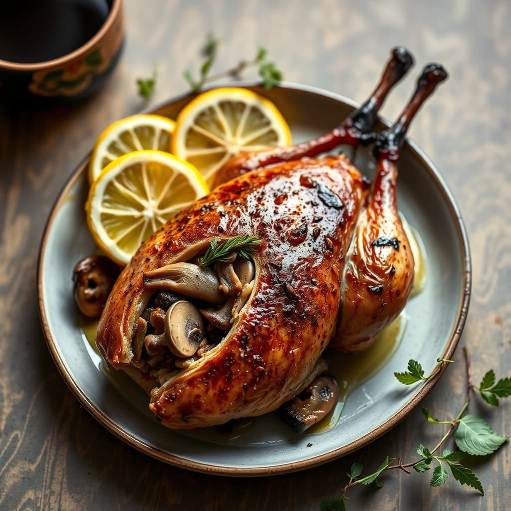 Stekt due fylt med shiitakesopp og konserverte sitroner