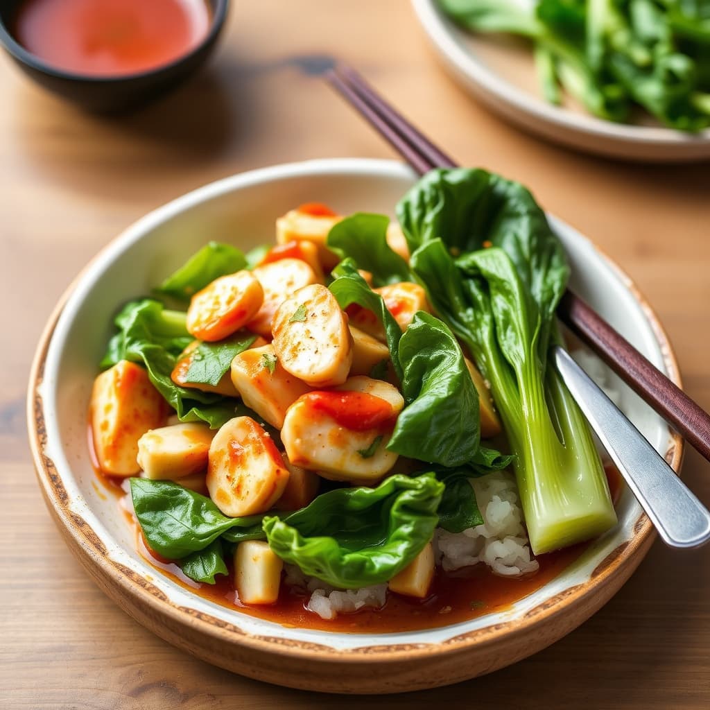 Stekt Dungeness-krabbe med søt chilisaus og bok choy