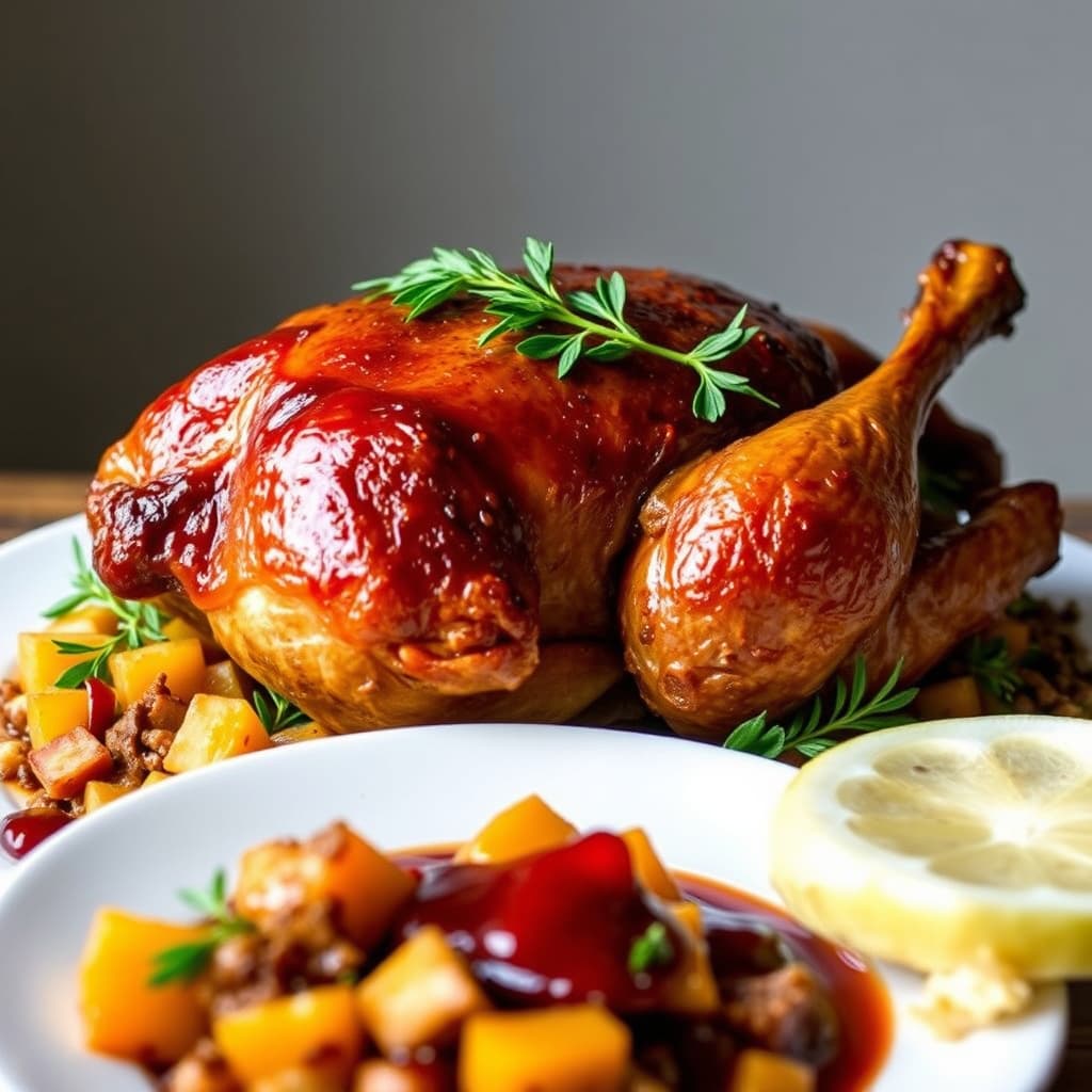 Stekt gås med kastanje- og søtpotetfyll og ingefærplommesaus