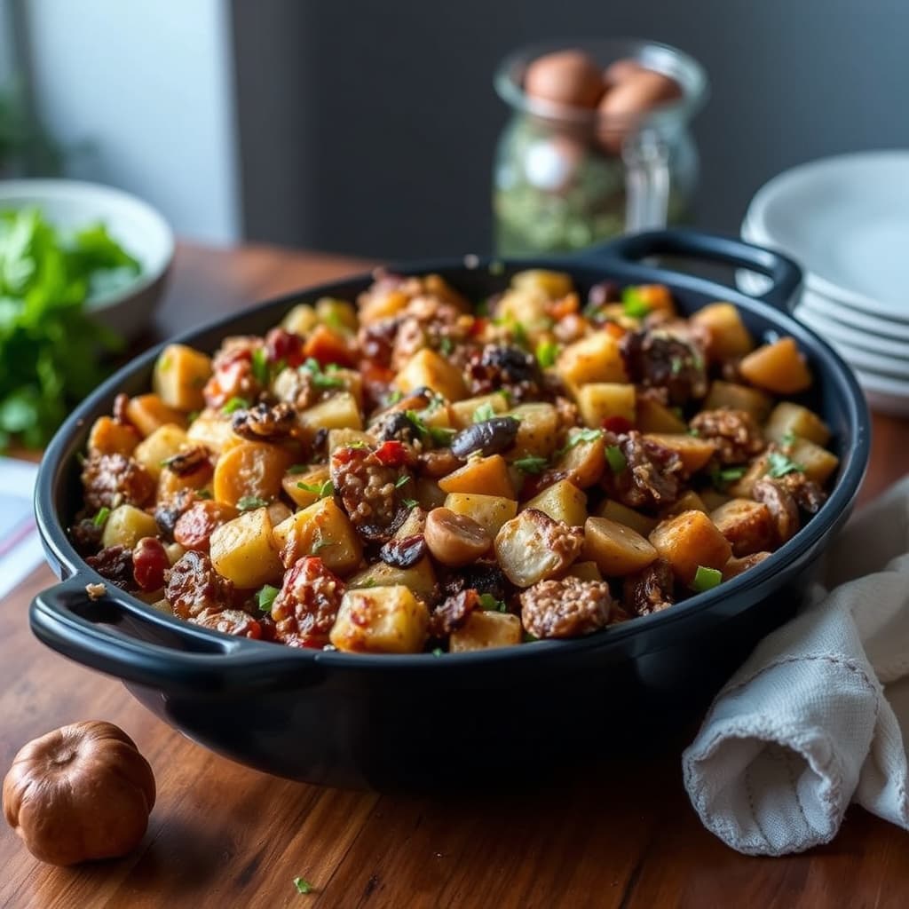 Stekt grønnsaks- og kastanjeskrelling