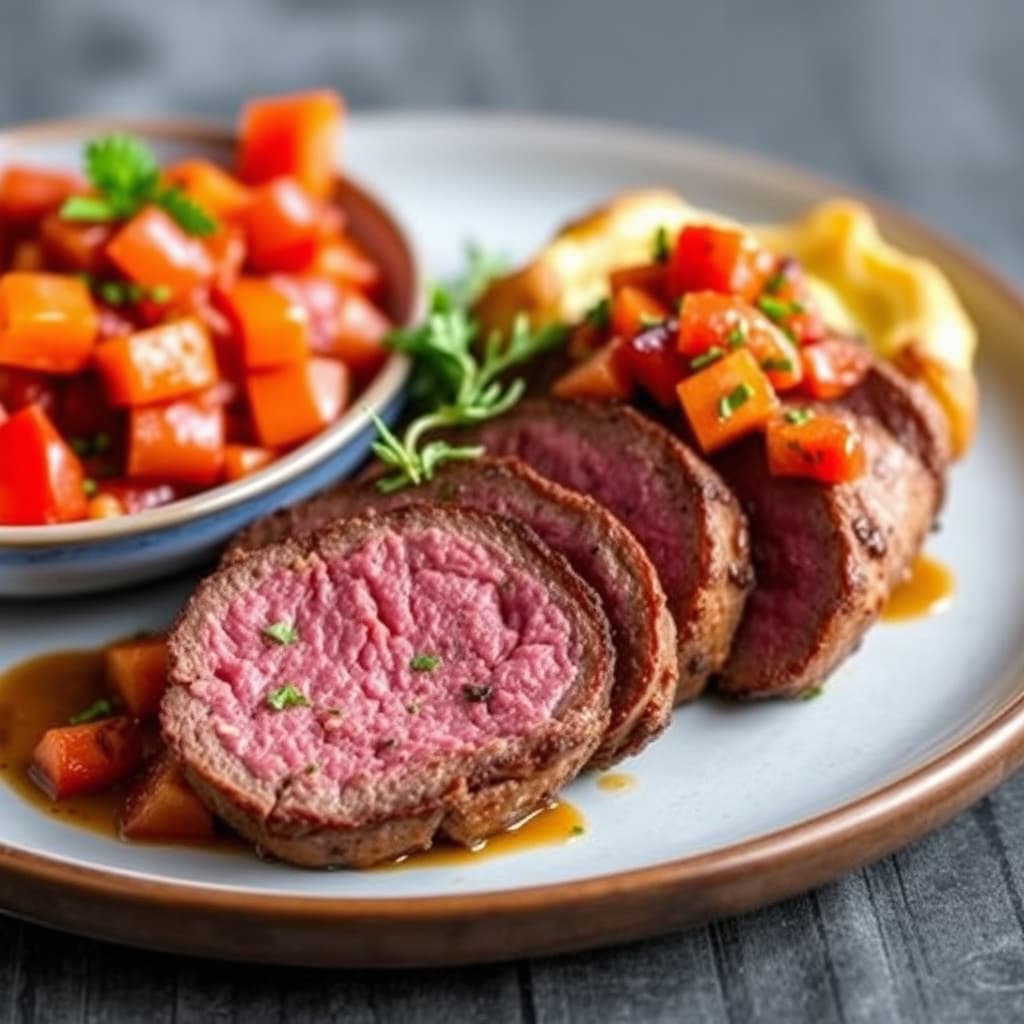 Stekt indrefilet av storfe med ildrøkt tomatsalsa og potet- og oste-galette