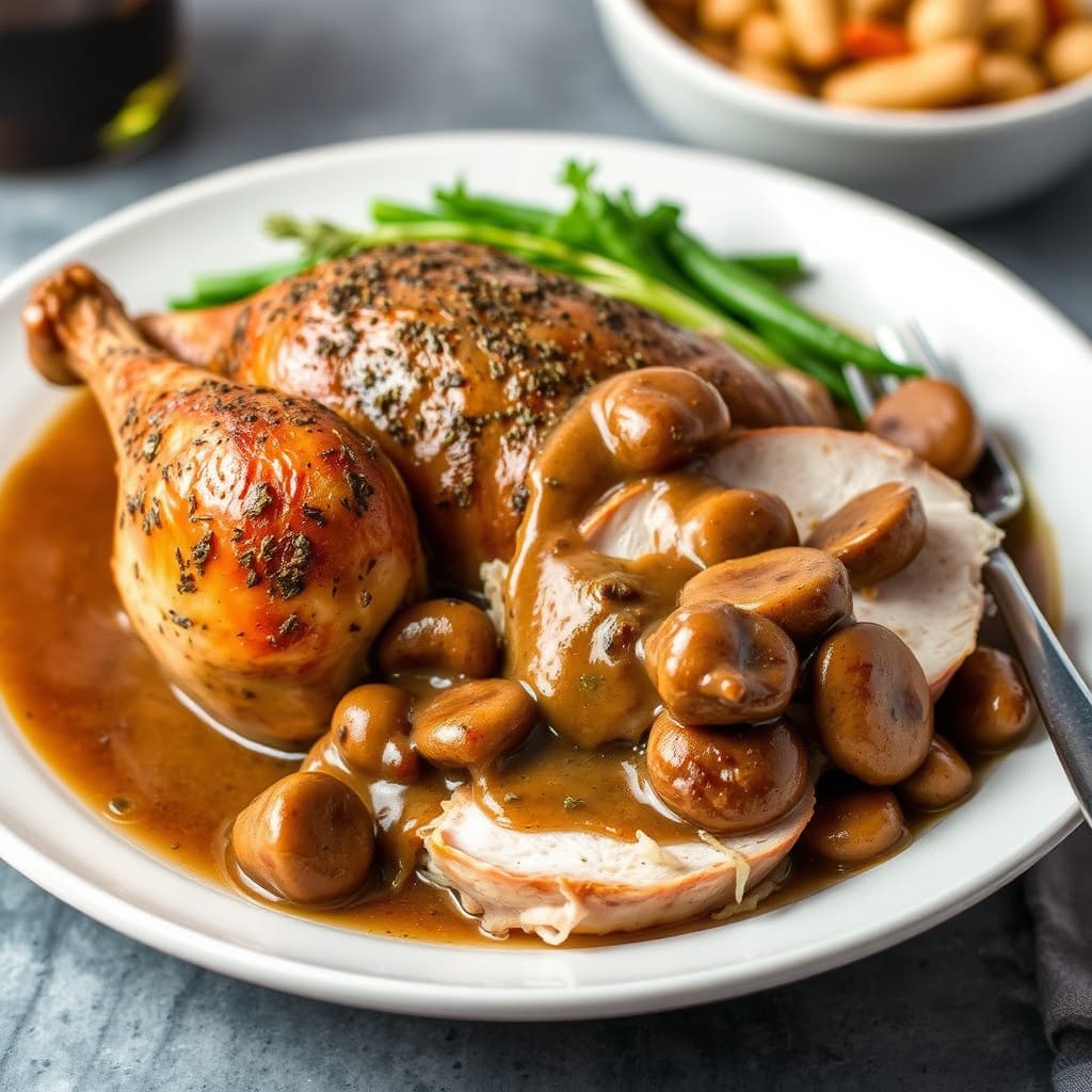 Stekt kalkun med urterub og shiitakesopp-saus