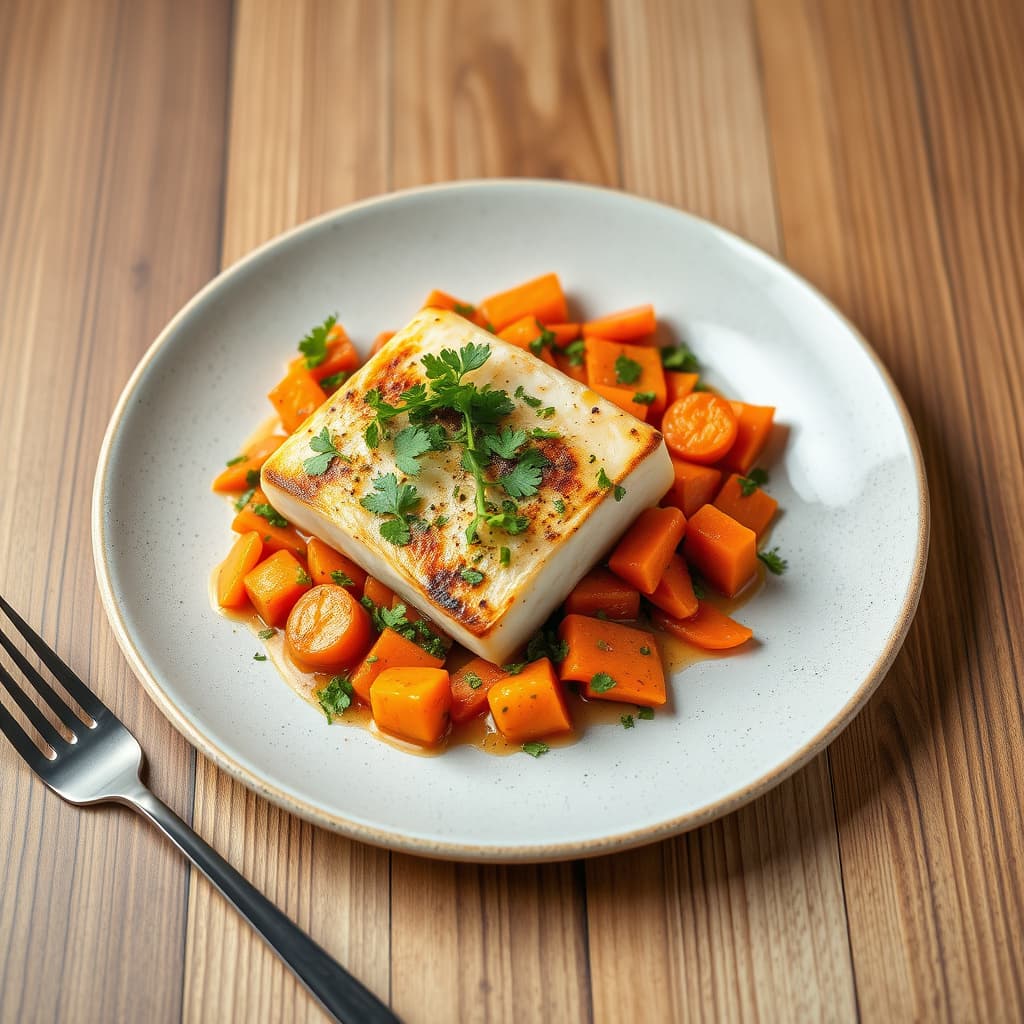 Stekt kveite med koriander og gulrøtter