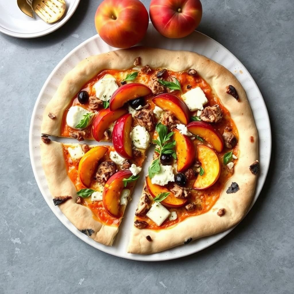 Stekt kylling, fersken og Brie-pizza