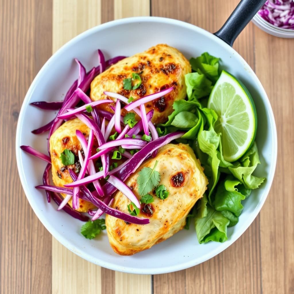 Stekt kylling i stekepanne med syltet kål og rødløkslaw