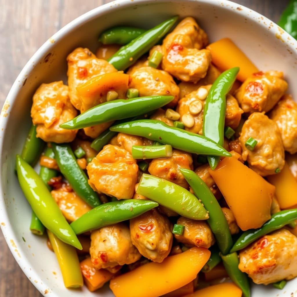 Stekt kylling med gule paprika og sukkererter