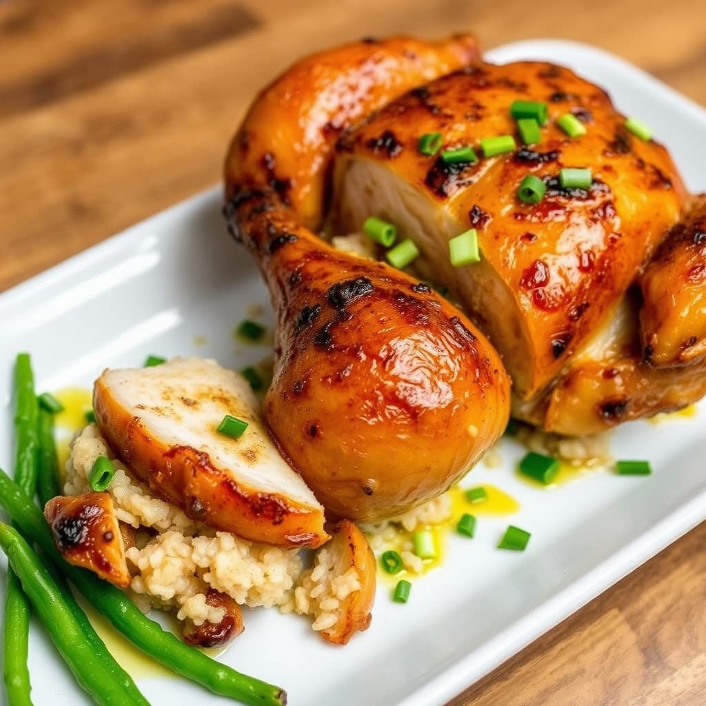Stekt kylling med stekt ris-fyll og vårløk-olje