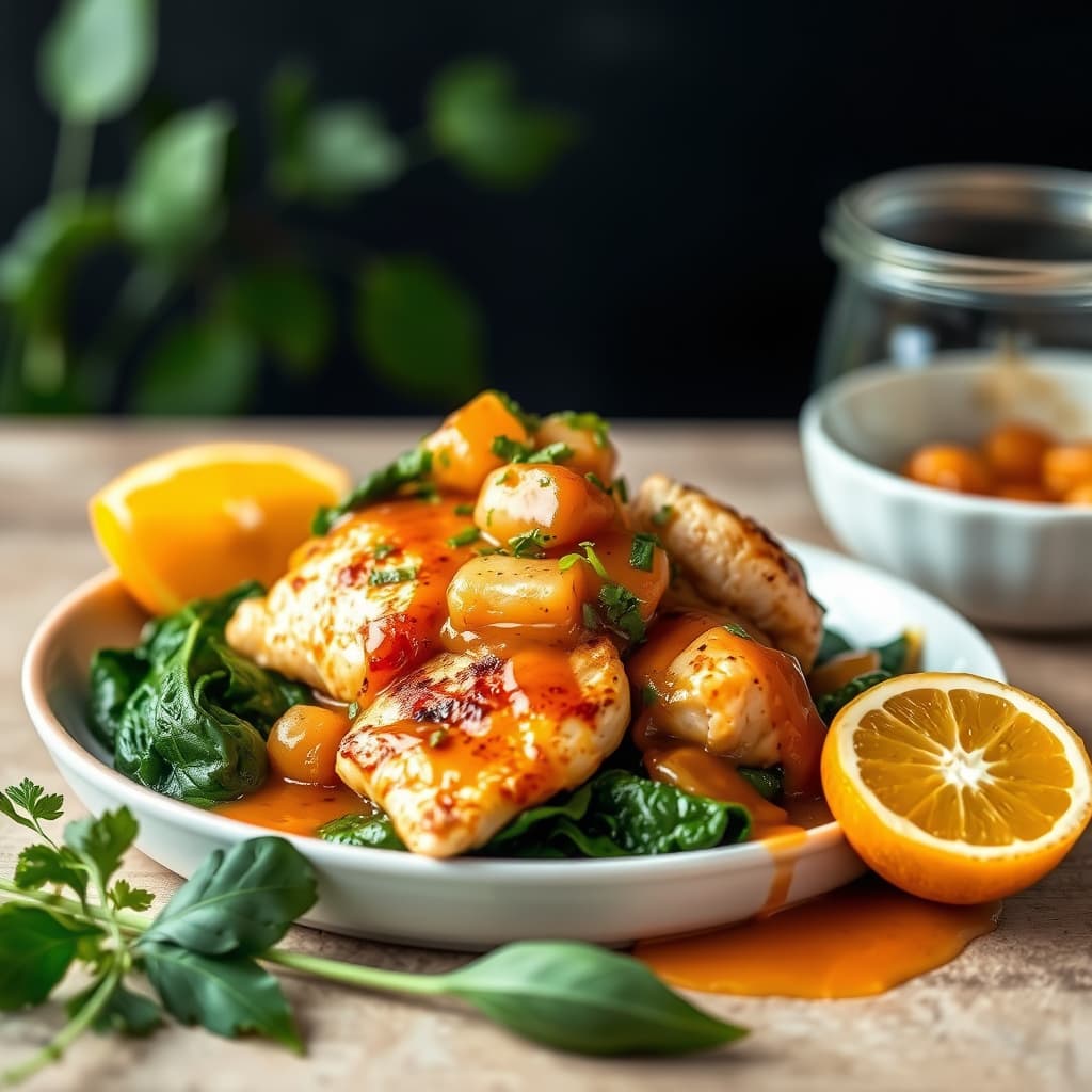 Stekt kylling med wiltet spinat og kumquatsaus