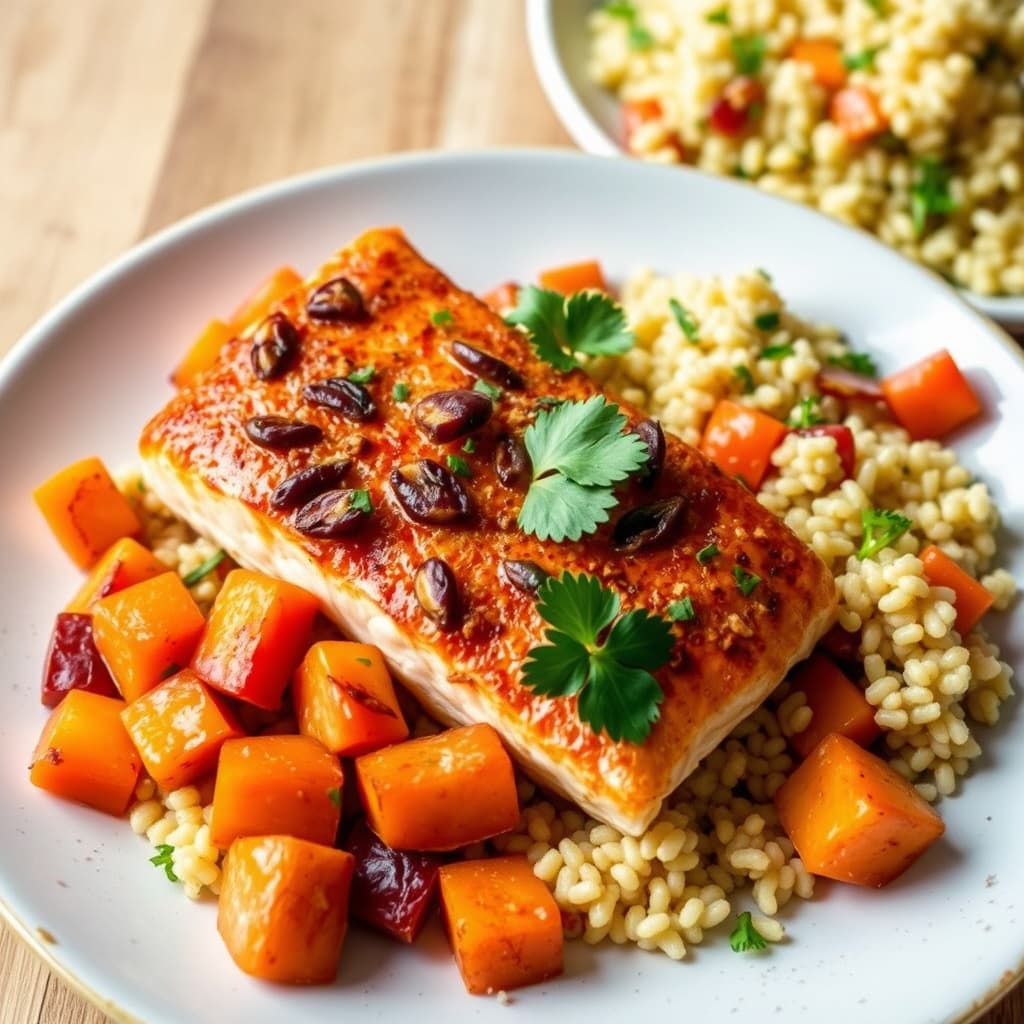 Stekt laks med søtpotet, papayarucciale og israelsk couscous