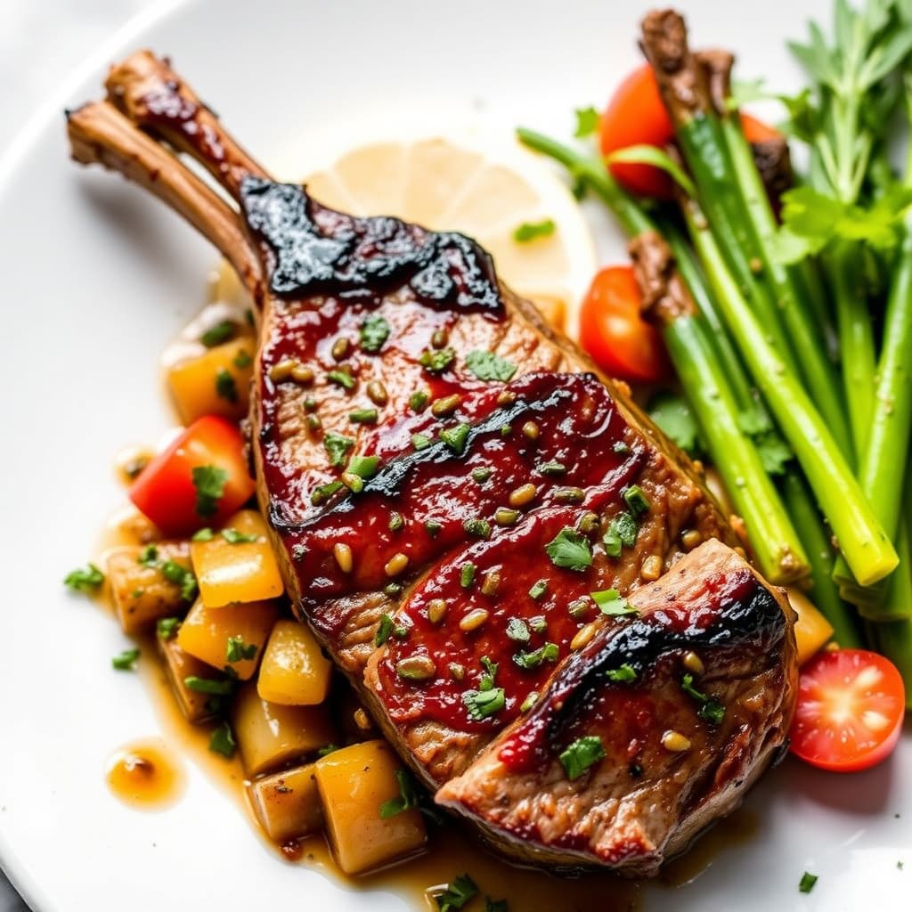 Stekt lammeloin med Dijon-sennep, asiatisk 'ratatouille' og hvitløk-mynte-tapenade