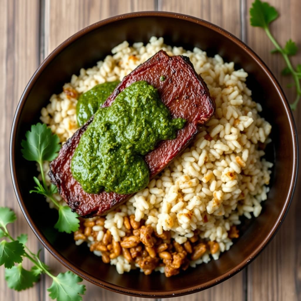 Stekt ribeye, salsa verde, skitten ris
