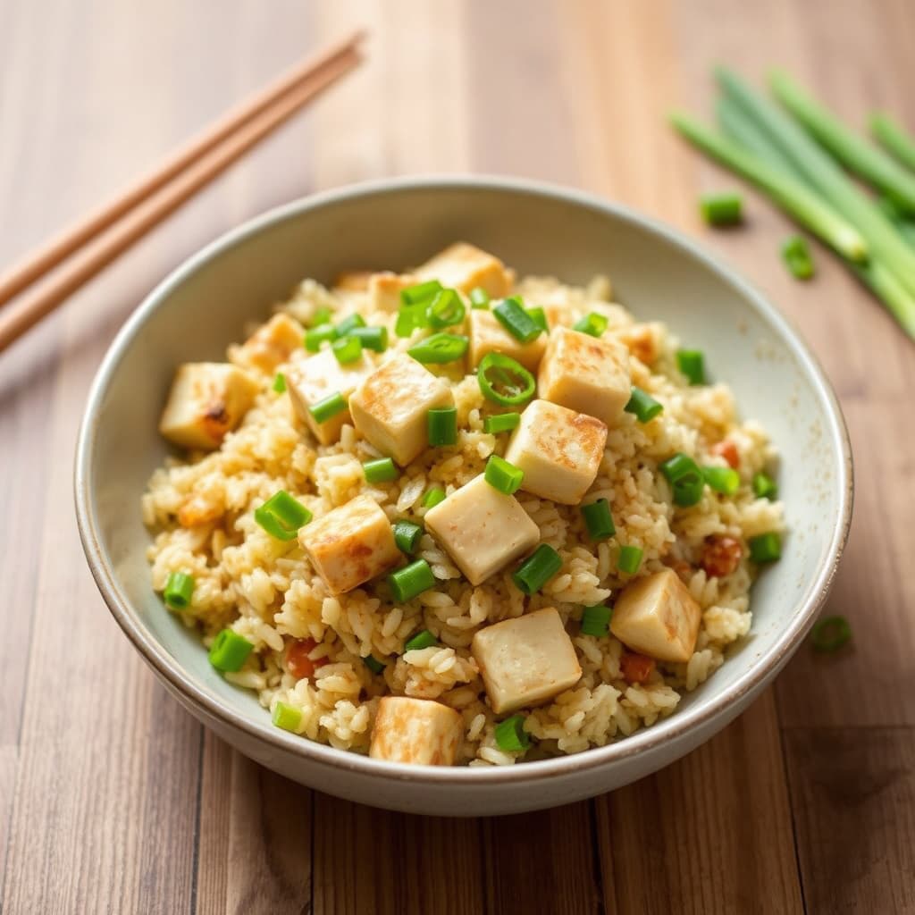 Stekt ris med vårløk, edamamebønner og tofu