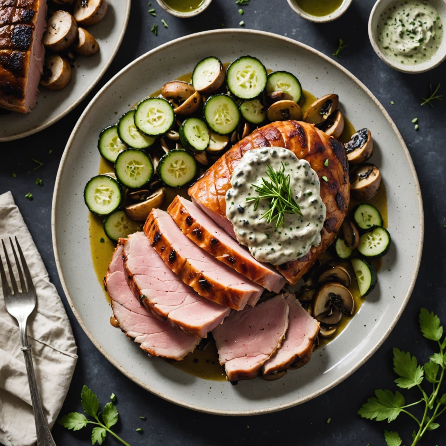 Stekt skinke med agurk, estragon og soppsaus