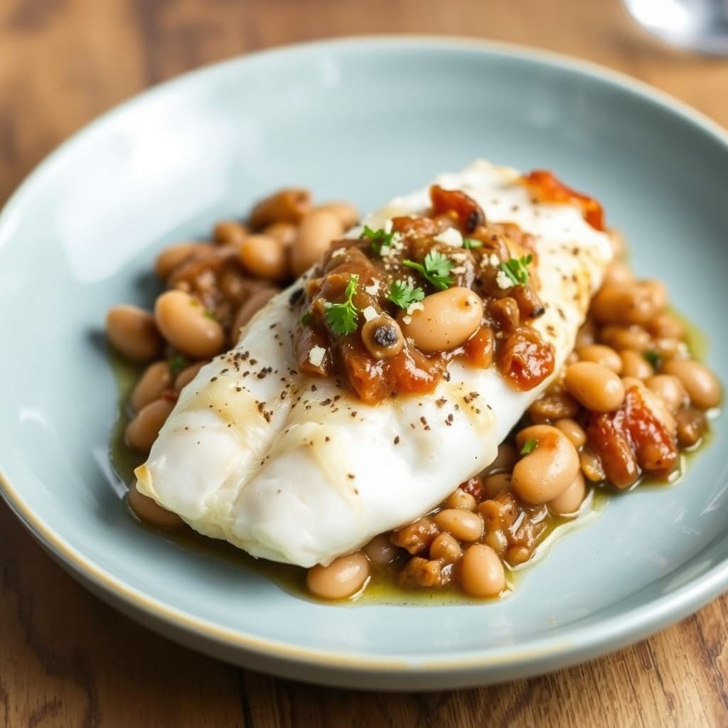 Stekt snapper med Vidalia-løk og bønneragout