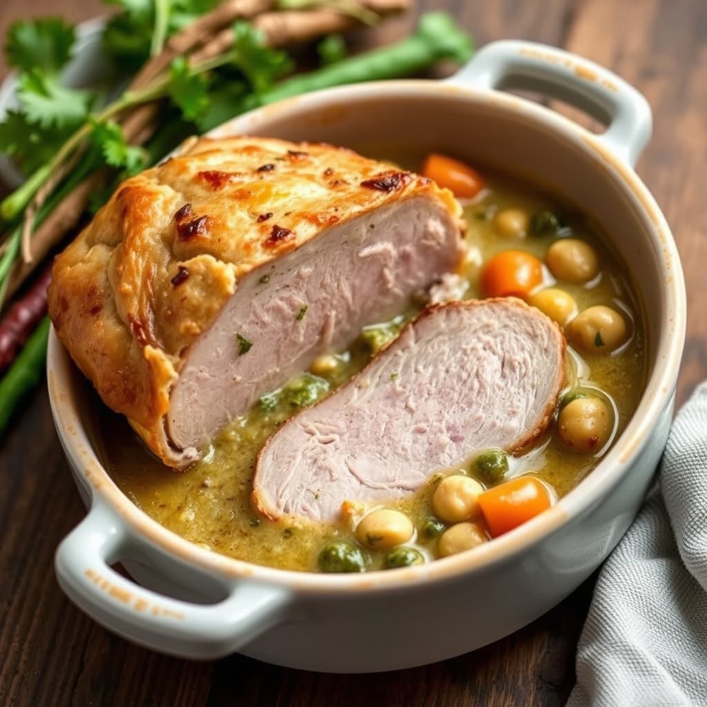 Stekt svinefilet med mandelpesto og krydret rotgrønnsakspai