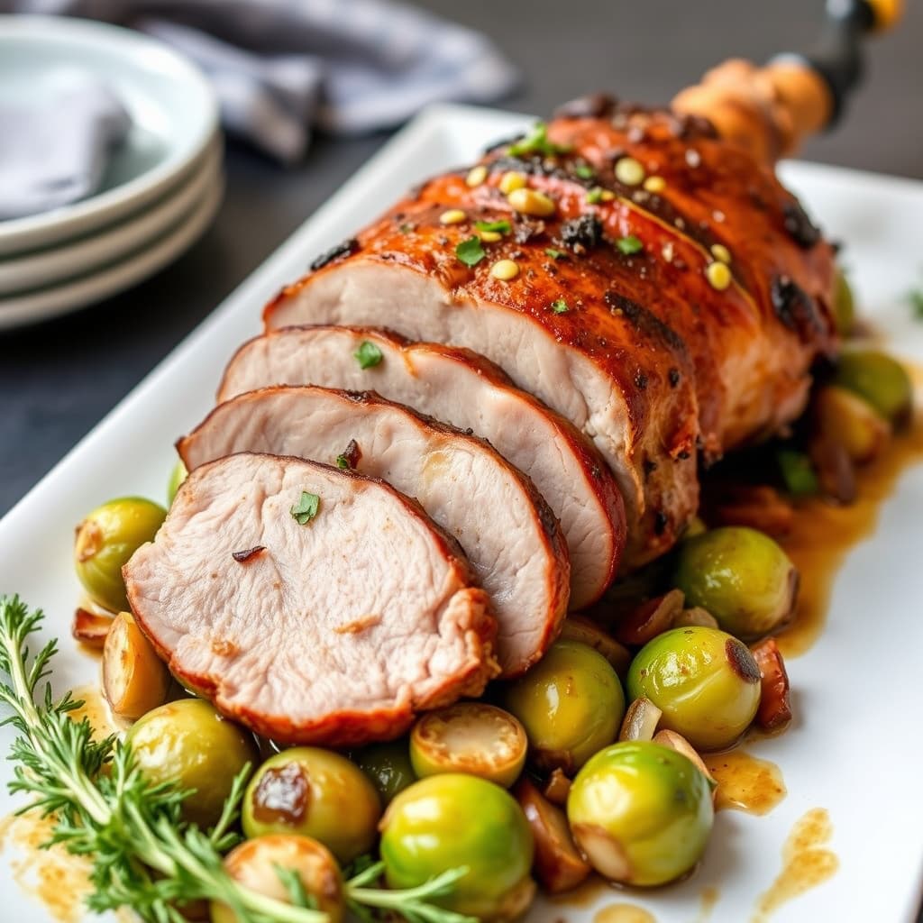 Stekt svinefilet med rosenkål, sjalottløk og hvitløk