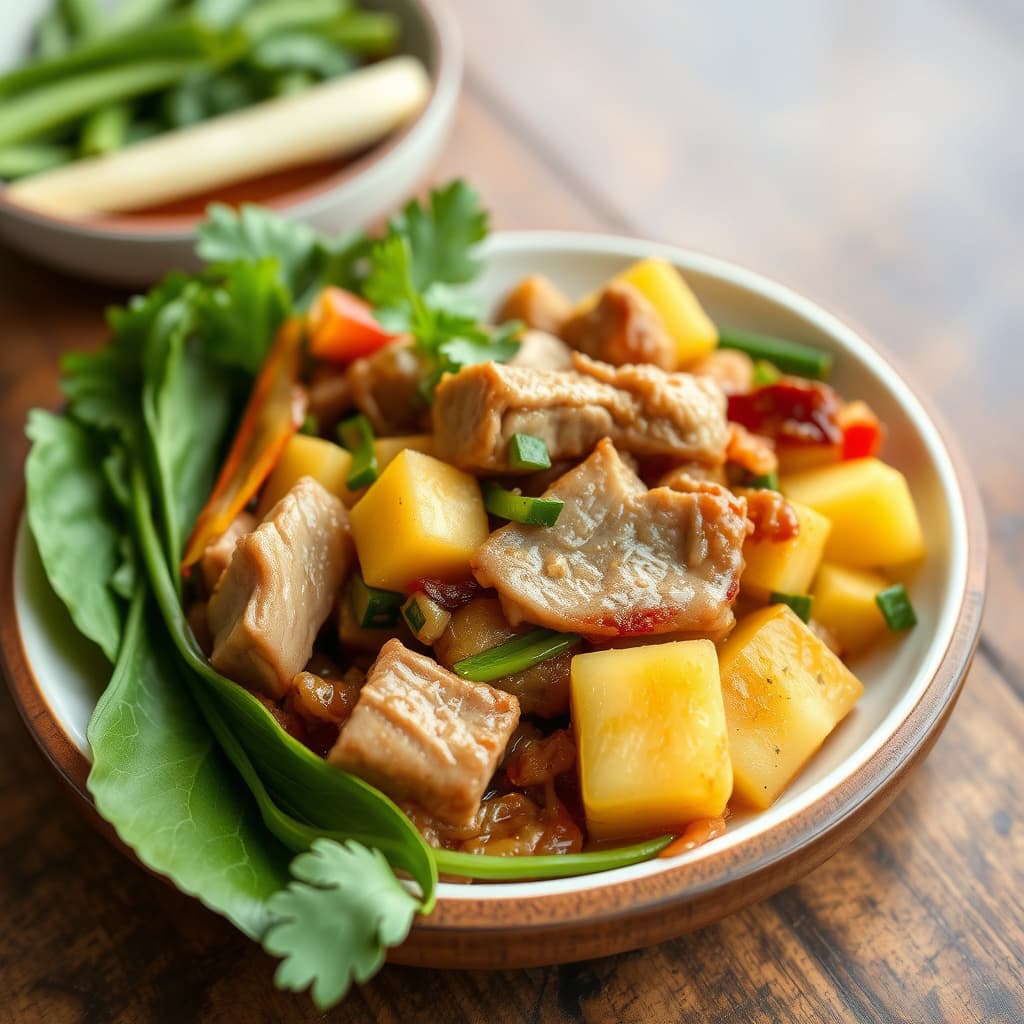 Stekt svinehals med ananas og grønnsaker: Muc Xao Khom