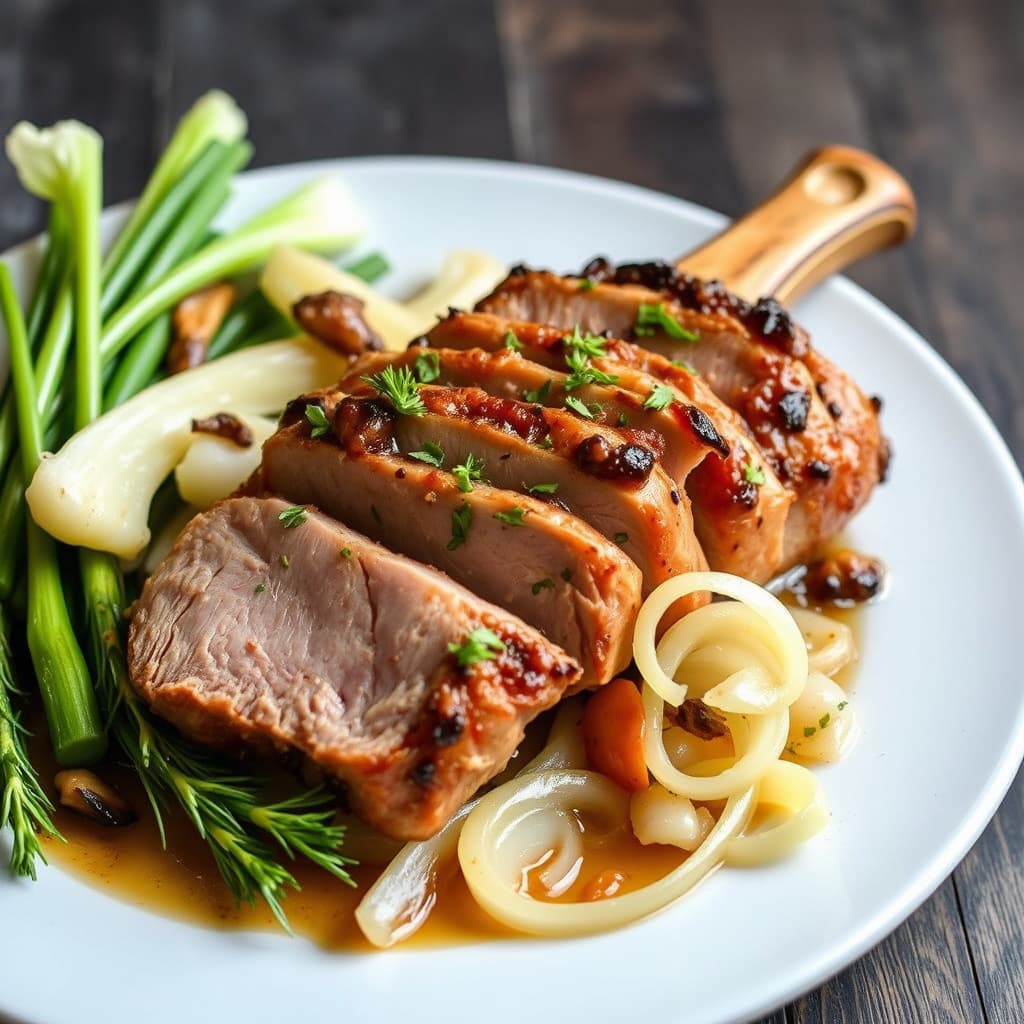 Stekt svinekjøtt, fennikel og løk