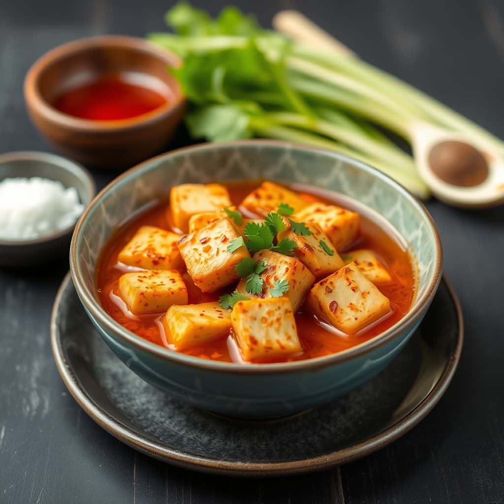 Stekt tofu med krydret ingefærsuppe