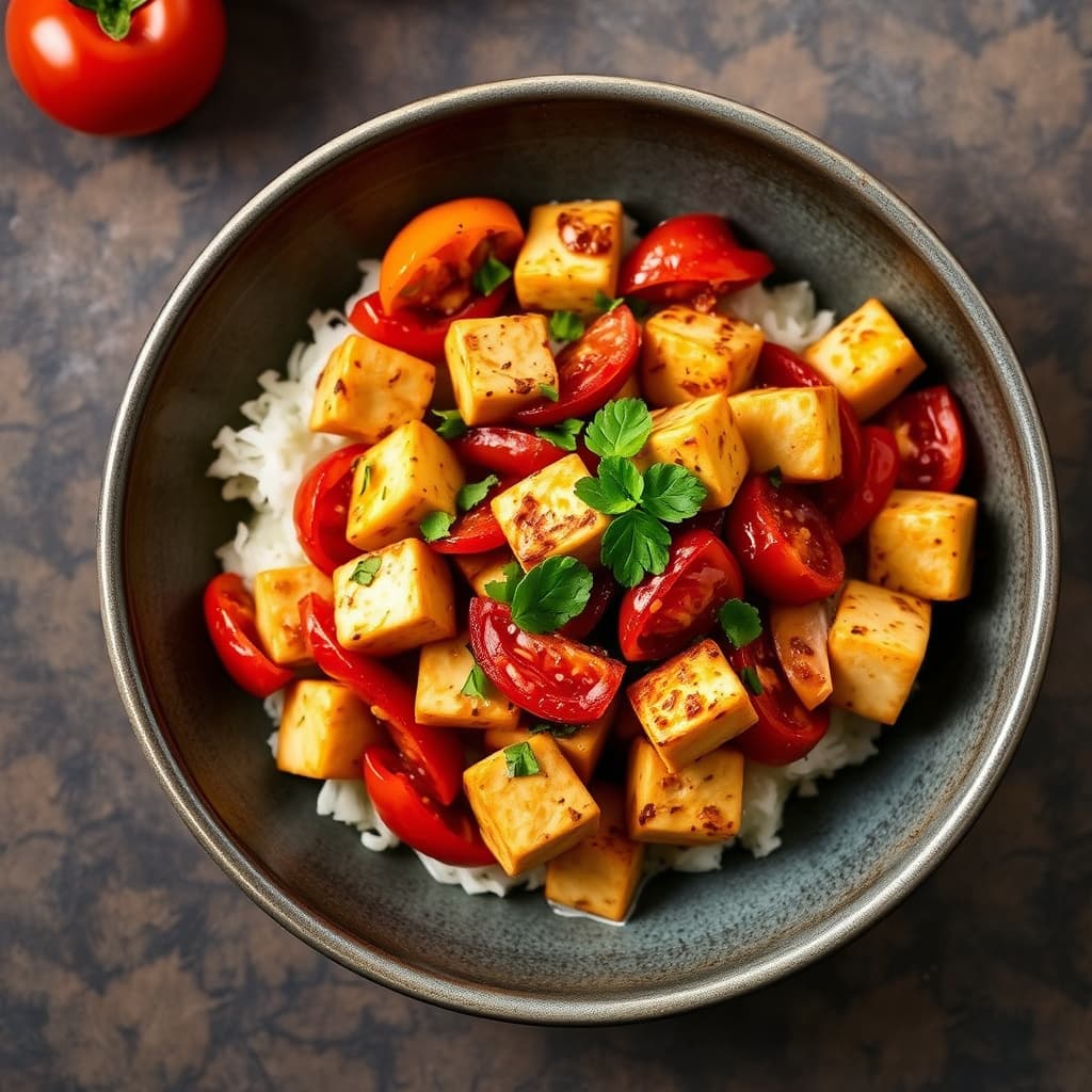 Stekt tofu og modne tomater
