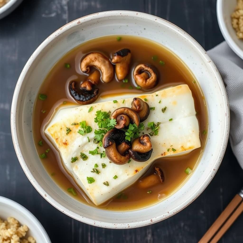 Stekt torsk med shiitakesopp i misobuljong