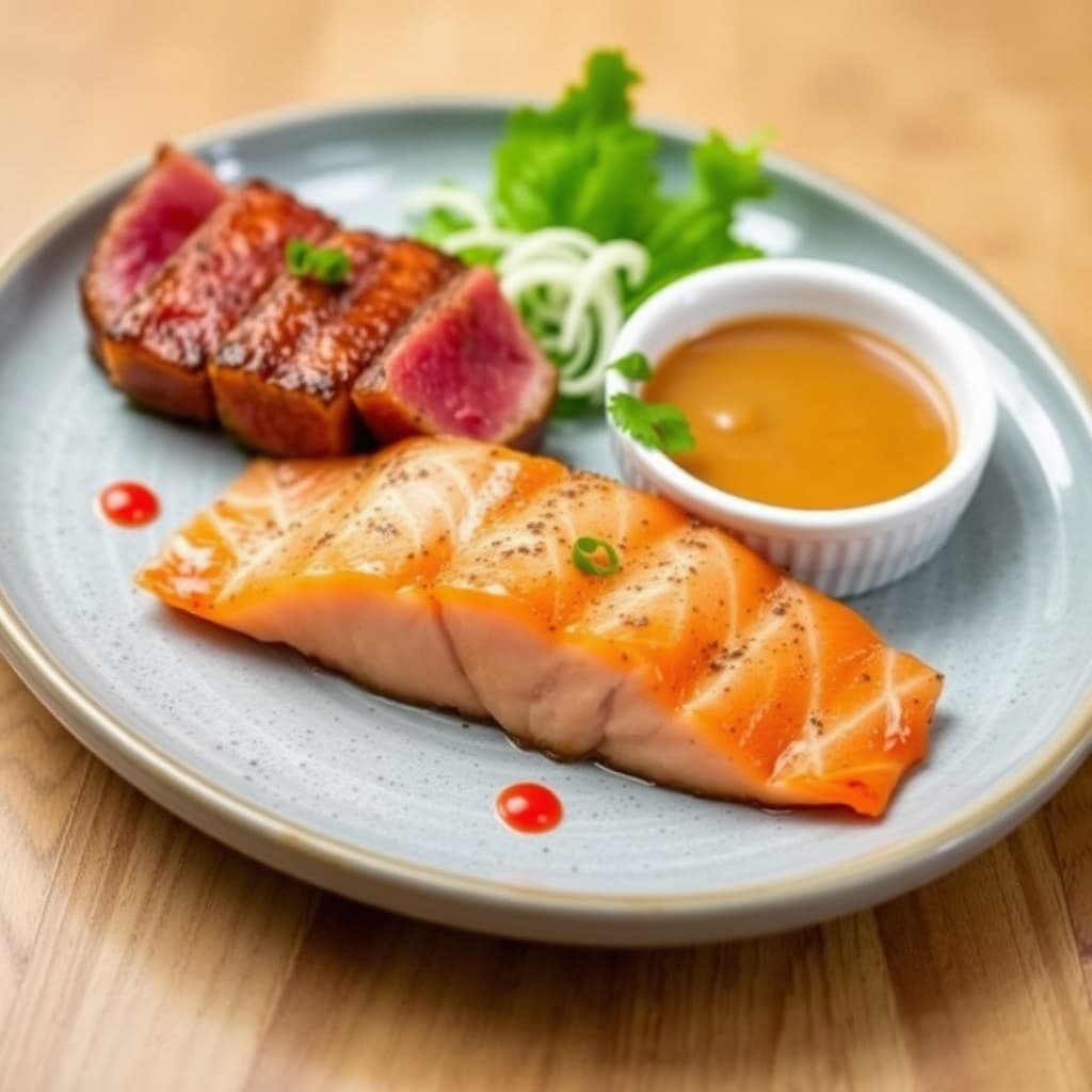 Stekt tunfisk, gulhale og laks med tre dippsauser