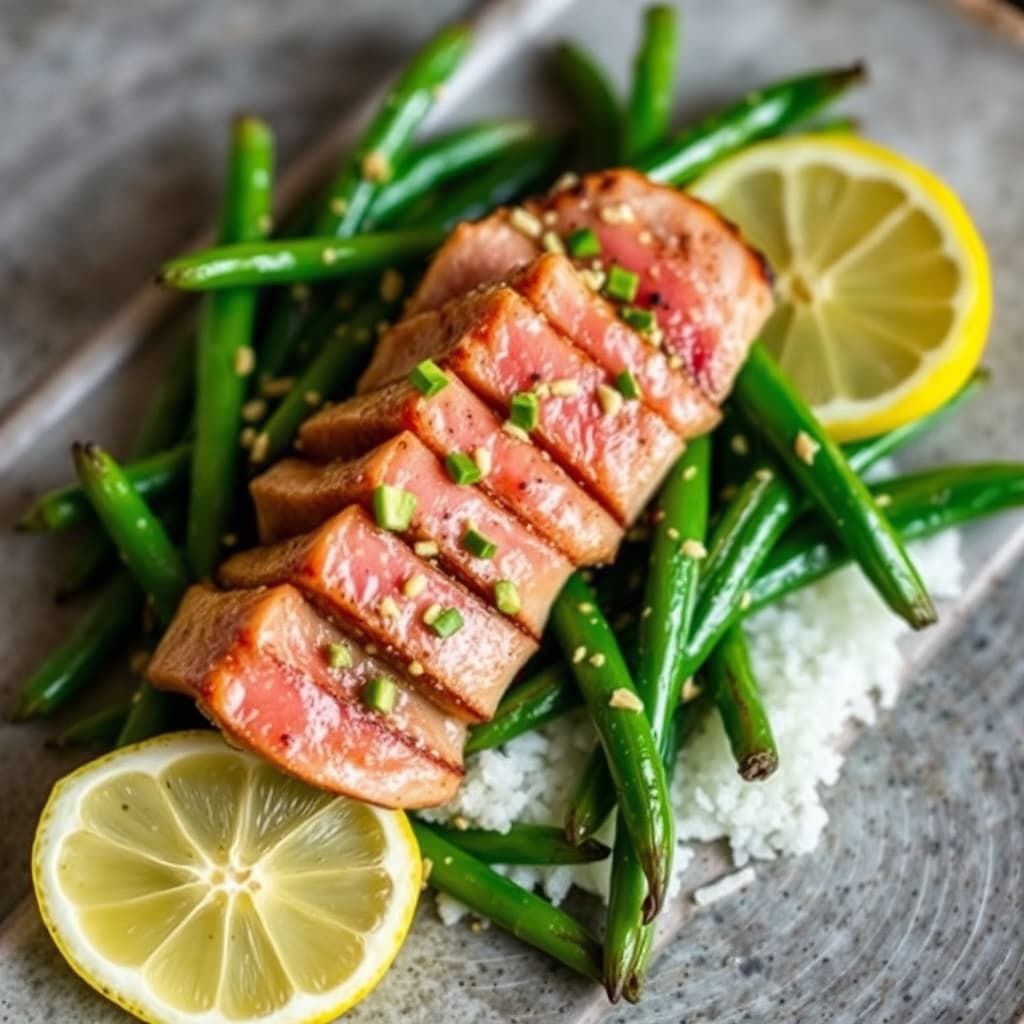 Stekt tunfisk med grønne bønner, sitron og wasabi