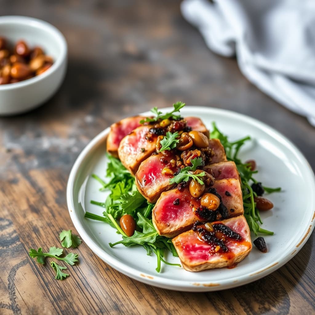 Stekt tunfisk med oliventapenadevinaigrette og ruccola
