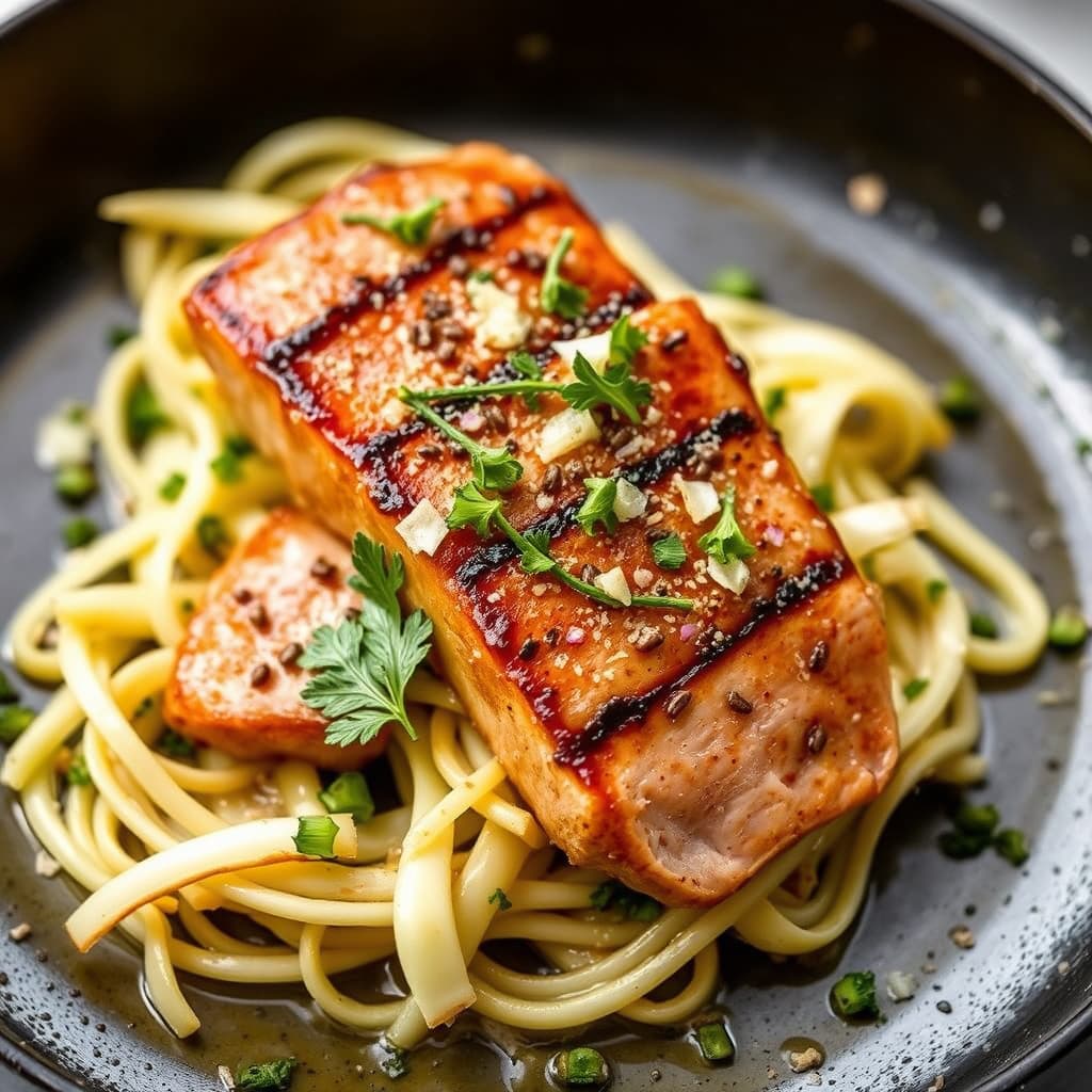 Stekt tunfisk med pannestekt overflate, toppet med fennikelsalat