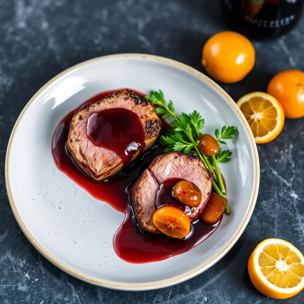 Stekte andebryst med rødvinsaus og kandiserte kumquats