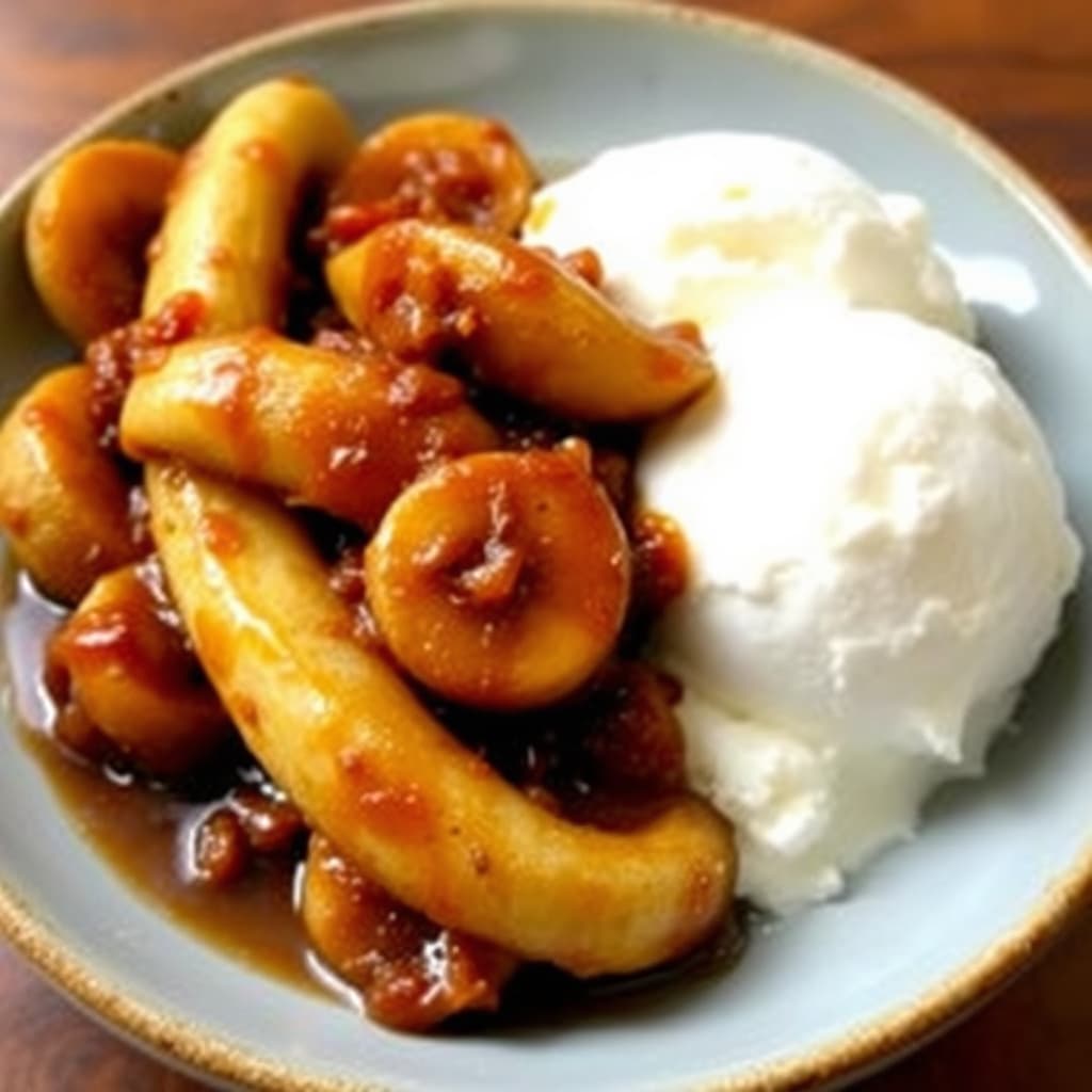 Stekte bananer i pralinsaus med vaniljeis