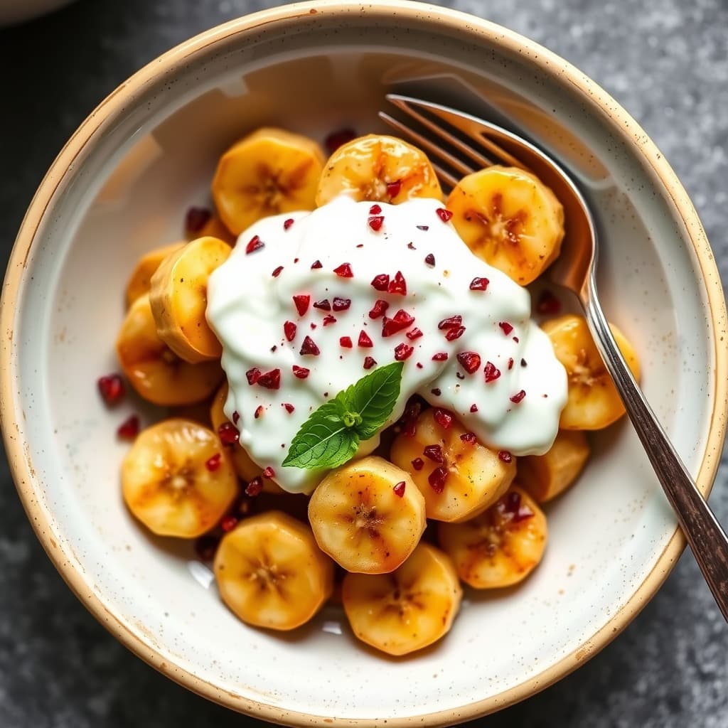 Stekte bananer med syrlig søt krem