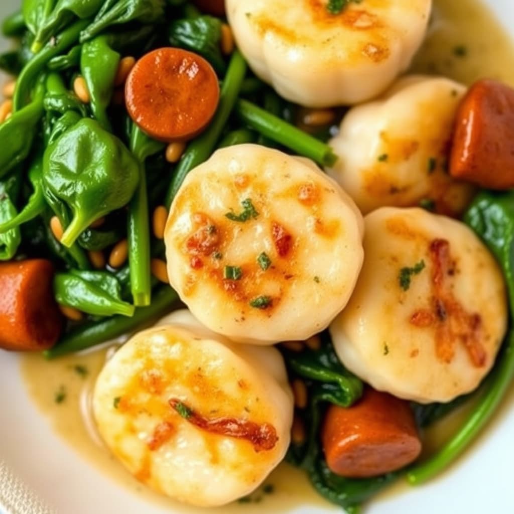 Stekte kamskjell med andouillepølse og små grønne salatblader