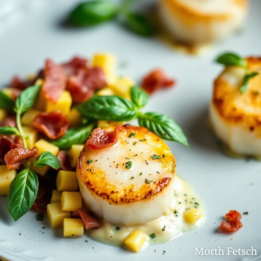 Stekte kamskjell med basilikumkremet mais og sprøtt prosciutto